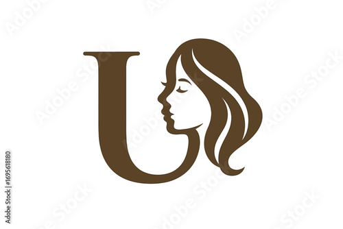 Elegant beauty monogram logo with letter U and woman silhouette, female face profile design, stylish hair illustration for fashion, cosmetics, salon branding, vector graphic