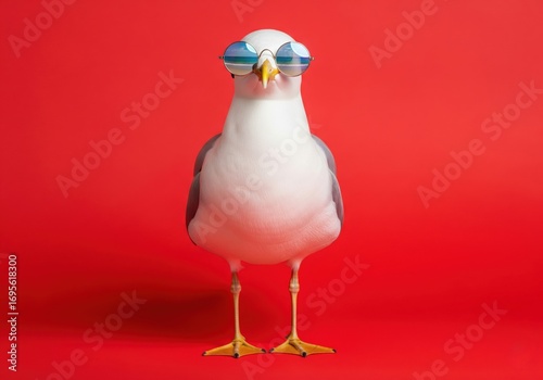 Funny seagull wearing sunglasses on a bright red background