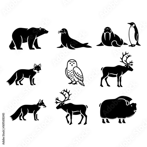 Illustration of arctic animals including a bear, fox, owl, seal, and reindeer in black and white style