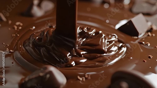 Thick, glossy dark chocolate being poured, creating ripples in a pool surrounded by solid chunks.