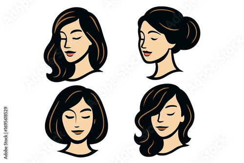 Elegant beauty woman hair styles logo design set, vector cartoon woman faces with stylish hairstyles, classic and modern hairdos, facial expressions icons, transparent background