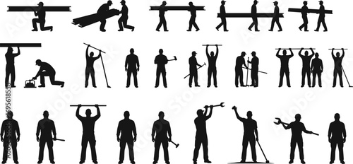 Construction workers silhouettes carrying tools, teamwork labor, building repair, industrial maintenance, engineering, heavy equipment, hard work, vector illustration, black design