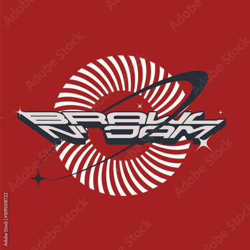 Futuristic Urban Style Typography text of ''Brawl n' Jam' with Black Emboss Shadow and Orbit Ring on Red Backdrop