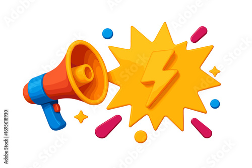 Flash Sale 3D Megaphone with Lightning Bolt Burst, Advertising Banner Design, Vibrant Cartoon Illustration, Promotional Marketing, Transparent Background, Attention Grabber Vector