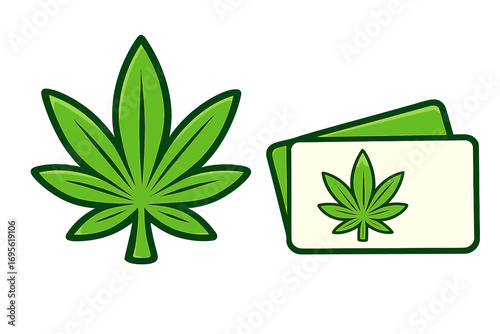 Green cannabis leaf logo with business card, vector cartoon illustration, set of medical marijuana symbols, transparent background design for branding and marketing