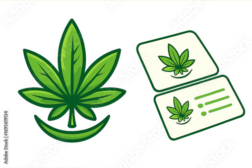 Green cannabis leaf logo with modern business card design, vector cartoon illustration set for marijuana branding, medical cannabis symbol, natural herb, eco-friendly concept, legal weed identity