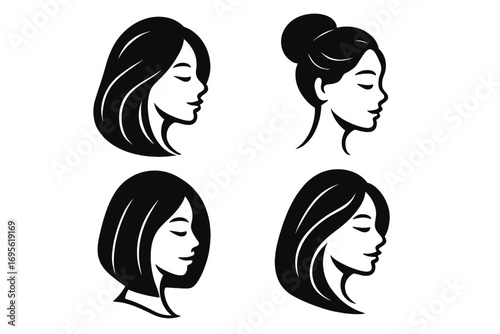 Elegant female profile silhouettes set, vector logo design with diverse hairstyles, minimalist woman face icons, beauty salon, spa, cosmetics concept illustration