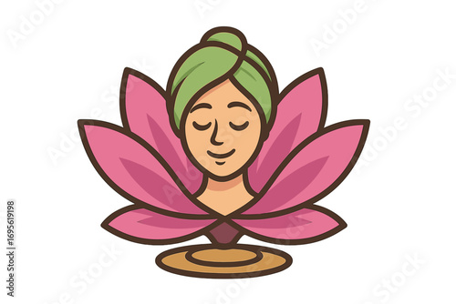 Hotel beauty spa logo design with lotus flower and serene woman face, vector cartoon illustration, wellness center branding, peaceful relaxation concept, spa and hotel identity graphic