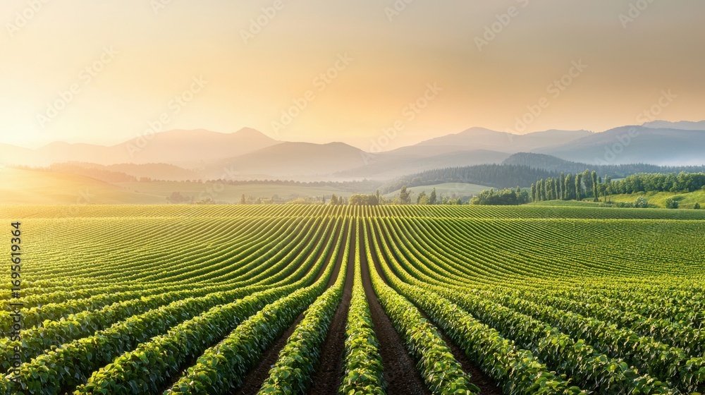 Fototapeta premium A picturesque landscape of lush vineyards stretching towards distant mountains under a warm sunset glow, showcasing rows of green plants.