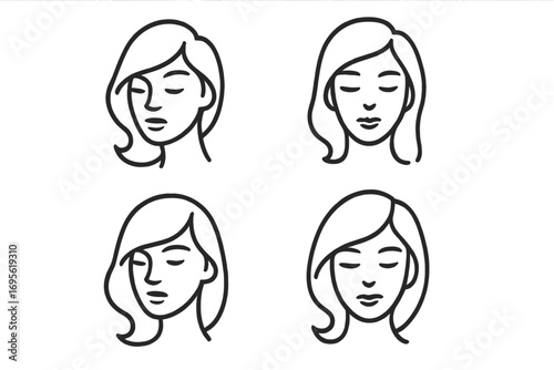 Minimalist beauty woman face logo design, elegant female cartoon vector illustration, simple stylish female portrait set, clean line art with transparent background