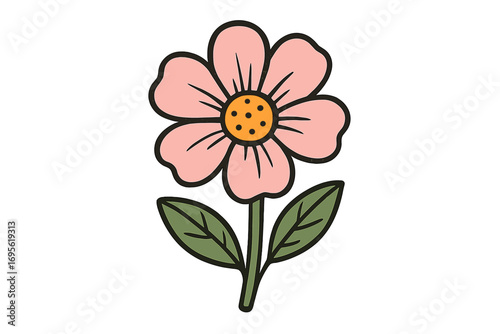 Hand drawn feminine flower logo cartoon vector illustration with pink petals, yellow center, green leaves, transparent background, simple floral design, natural beauty concept