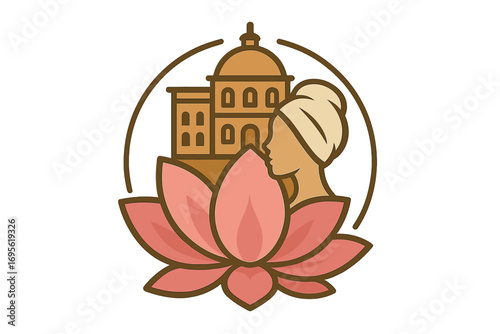 Elegant hotel and beauty spa logo design with lotus flower and female silhouette, wellness, relaxation, luxury building, spa treatments, health and beauty concept vector