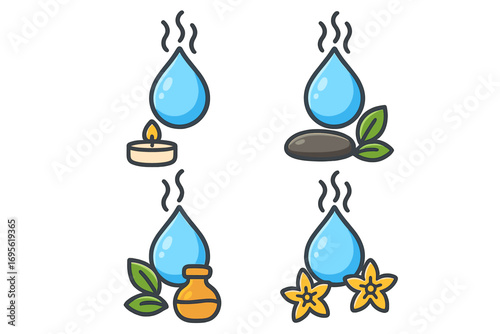 Set of green nature spa wellness logos design, vector cartoon illustration with water drop, aromatic candle, massage stone, essential oil, and flowers, natural health and relaxation concepts