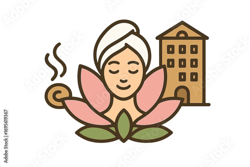 Hotel beauty spa lotus flower logo design, wellness center vector illustration with woman face, towel, aromatherapy, relaxation, herbal therapy icon, tranquility and calm, luxury retreat concept