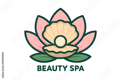 Beauty spa logo with lotus flower and pearl in clam shell, wellness center emblem, natural skincare, relaxation, health spa vector design, floral spa symbol