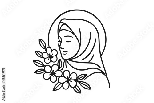 Elegant line art of a woman wearing a hijab with floral elements, minimalist vector logo design, peaceful portrait illustration with flowers and leaves, Islamic cultural symbol