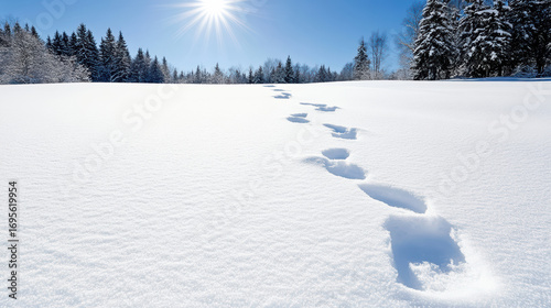 Wallpaper Mural Fresh snow covers serene landscape, with clear footprints leading through white expanse bright Torontodigital.ca