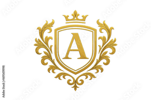 Luxury gold heraldry logo with monogram letter A, ornate royal crest design, vintage golden emblem with crown and flourish elements, elegant shield symbol, classic decorative vector illustration