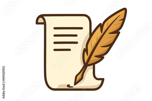 Vintage quill feather and parchment scroll illustration with classic writing design, retro ink pen document icon, old manuscript paper graphic vector for logo and branding