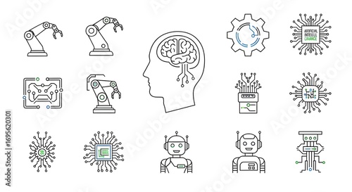 Set of artificial intelligence icons, robotics and automated manufacturing on white background