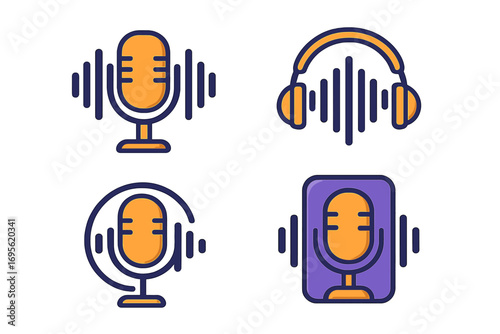 Podcast microphone music wave sound equalizer logo design set, vector cartoon illustration with orange microphone, headphones, sound waves, audio recording icons