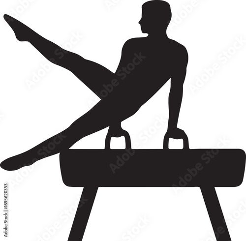 "Vector silhouette of gymnast balancing on pommel horse, strong bold edges, ultra HD flat vector, crisp sharp lines, isolated on white background"