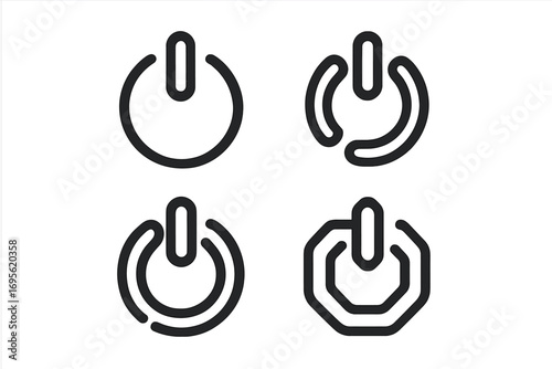 Abstract power button outline logo design set, vector cartoon illustration with transparent background, four variations of modern tech symbol, digital on/off icons