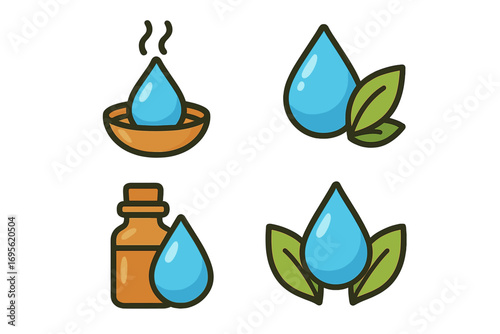 Green nature logo set with water drops, leaves and essential oil bottle, natural elements icons, eco-friendly water and herbal designs, vector cartoon illustrations