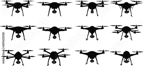 Drone silhouette collection with camera, quadcopter and hexacopter icons, modern technology design, aerial photography concept, flying gadget vector illustration