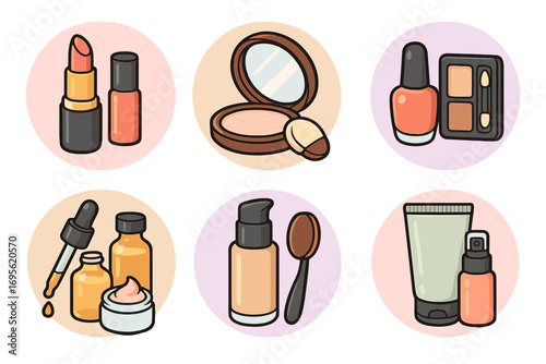 Vector cartoon illustration of a set of social media cosmetics highlight with lipstick, nail polish, foundation, cream, and makeup tools, transparent background, beauty products collection