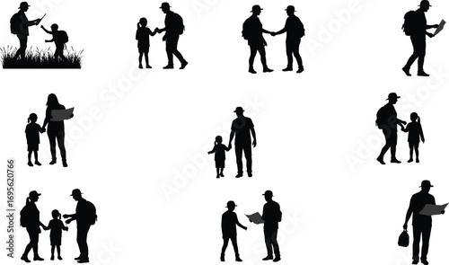 Family hiking silhouette, parents and children exploring outdoors, reading map, holding hands, camping lifestyle, travel adventure, outdoor journey, vector illustration design