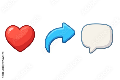 Social media icon set love heart share arrow and comment bubble 3D style colorful vector cartoon illustration with transparent background ordered set digital communication symbols