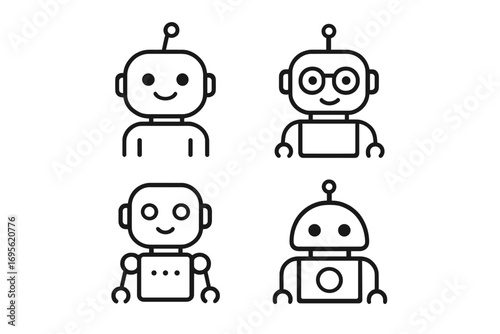 Set of simple line robot logo characters, vector cartoon robots with smiling faces, futuristic android icons, minimalistic design illustrations, AI and technology concepts