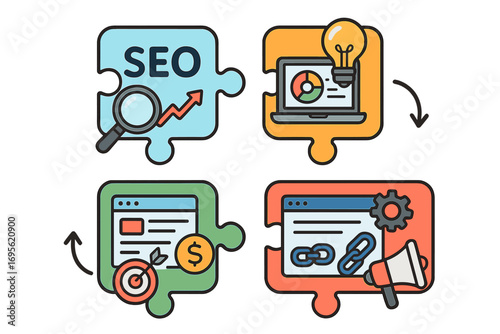 Social media post quote template vector cartoon illustration set with SEO, marketing, business growth, strategy, digital advertising, and analytics icons on transparent background