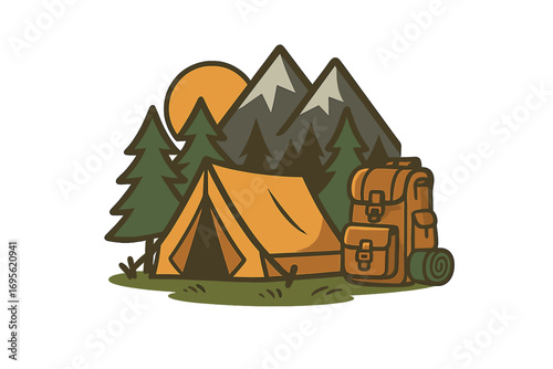 Summer camp adventure logo with tent, hiking backpack, pine trees, mountain landscape, sunrise outdoor camping illustration, nature exploration, wilderness travel vector design