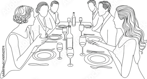 Elegant dinner party line art, formal dining illustration, people socializing, vintage style banquet, black and white artwork, table conversation