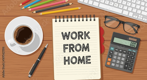 Work from home concept with coffee and office supplies on wooden table.