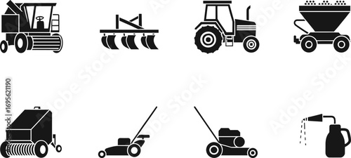Farming equipment vector, agriculture tractor, plow, harvester, seeder, mower, sprayer, black silhouette icon, machinery tool, farm vehicle illustration