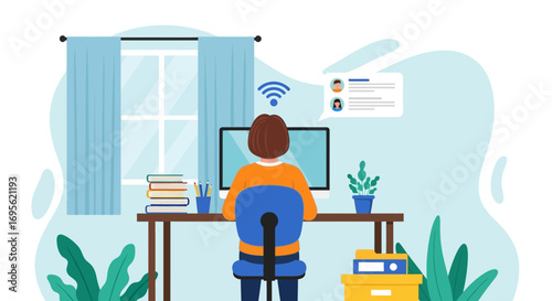Person working from home using computer with internet connection.