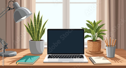 Laptop on a wooden desk with plants and a lamp.