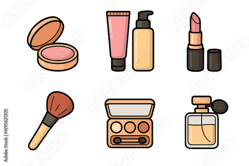 Vector set of social media cosmetics highlight illustration with transparent background, cartoon makeup tools, lipstick, blush compact, eyeshadow palette, perfume bottle, beauty products collection