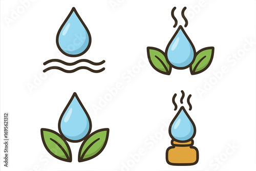 Set of green nature water drop logos with leaves and steam, eco-friendly water symbols, organic liquid, refreshing plant droplet vector cartoon designs with transparent background