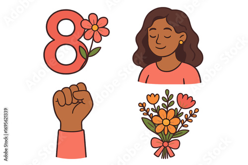 International Women's Day illustration set. March 8 concept with cartoon woman, power fist, and flowers. Vector icons for female empowerment, feminism, and women's rights.