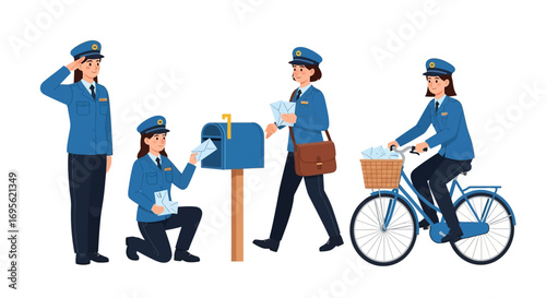 Postal workers in uniform delivering mail and packages on foot and bicycle.