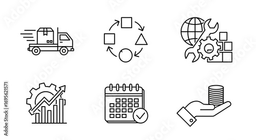 Business and logistics icons representing various aspects of operations.