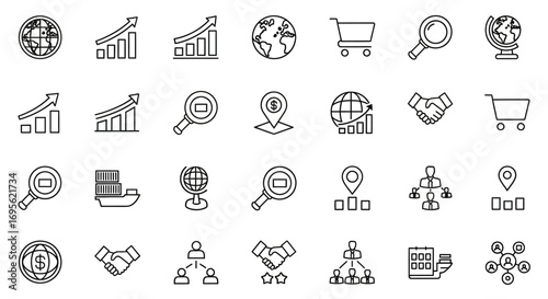 Business and global economy icons representing growth and commerce.