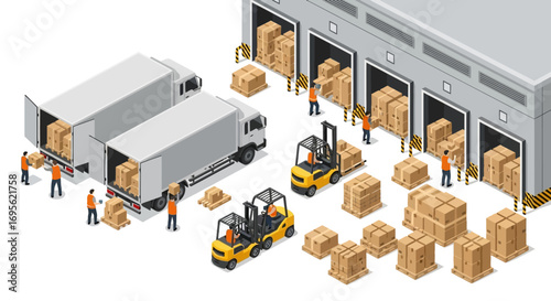 Warehouse logistics and transportation of goods with trucks and forklifts.