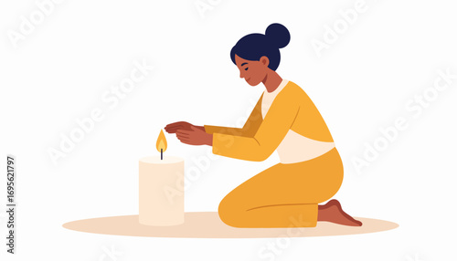 A serene illustration of a woman kneeling and carefully lighting a candle, symbolizing hope, mindfulness, and a moment of quiet reflection and introspection