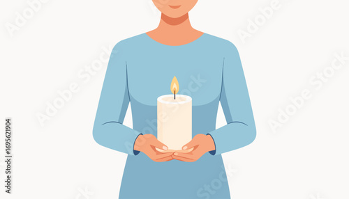 Woman in blue holding a burning candle of hope and prayer. Vector illustration representing faith, remembrance, and spirituality