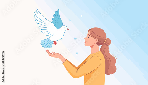 A serene woman gently releasing a white dove into the sky, a beautiful illustration symbolizing peace, hope, and freedom